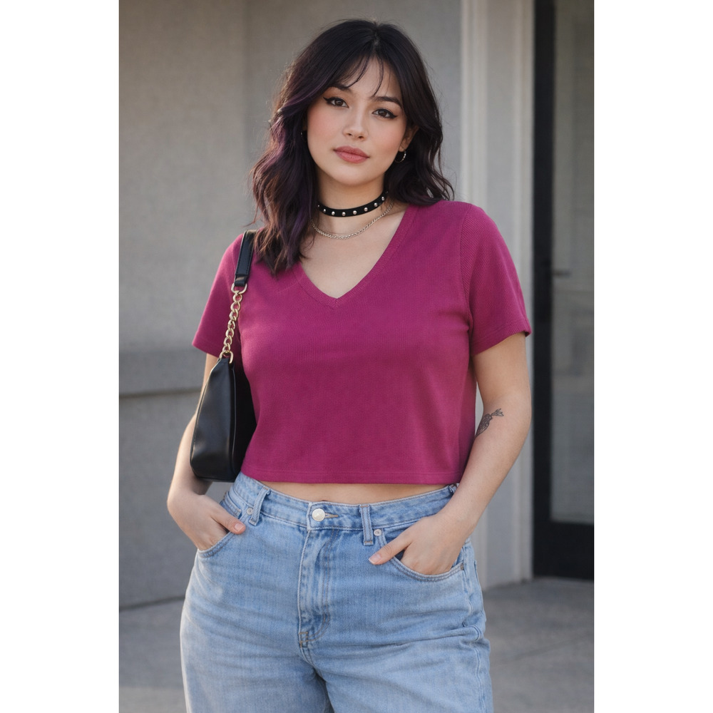 No Boundaries XL 16-18 Pink Ribbed V Neck Crop Top Fitted Stretch Short Sleeve